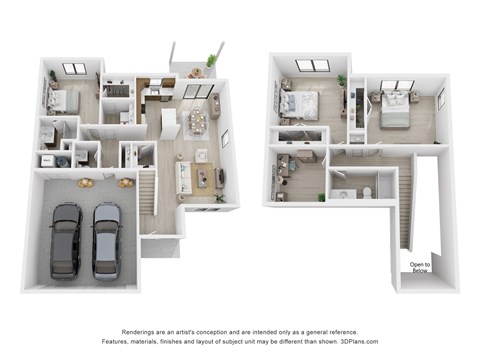 A floor plan of Solar Townhome at Tidewater Community with two bedrooms, two bathrooms, a living room, a kitchen, and a garage.